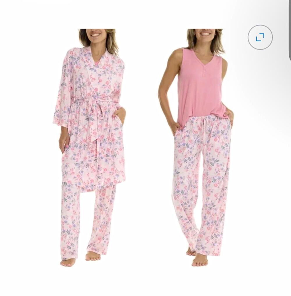 Flora Nikrooz Women’s 3pc Pajama Set Pink Floral Robe Belted, Size L